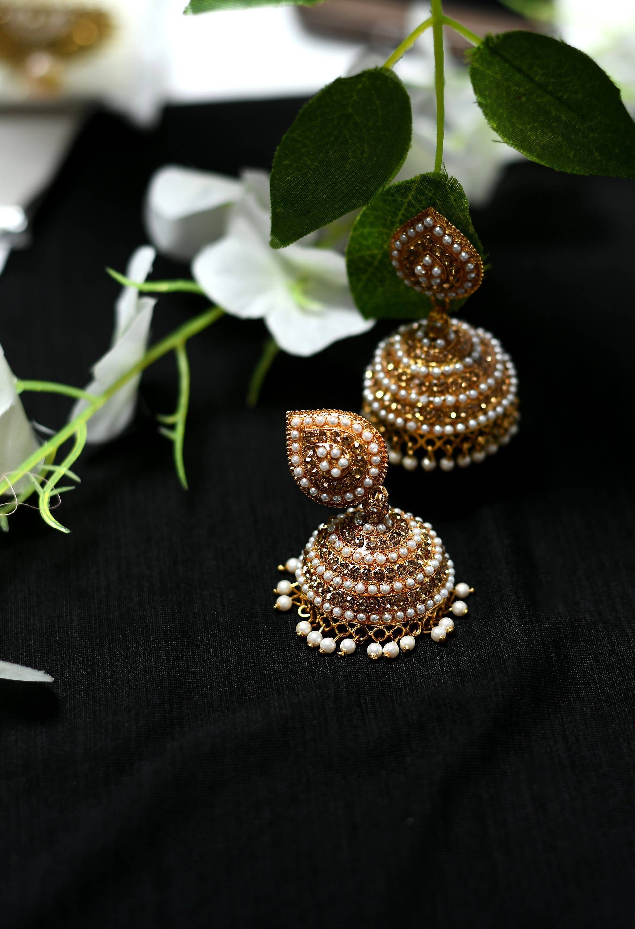 Mominos Fashion Johar Kamal Leaf Design Jhumka With Stone & Pearl | Grocsy