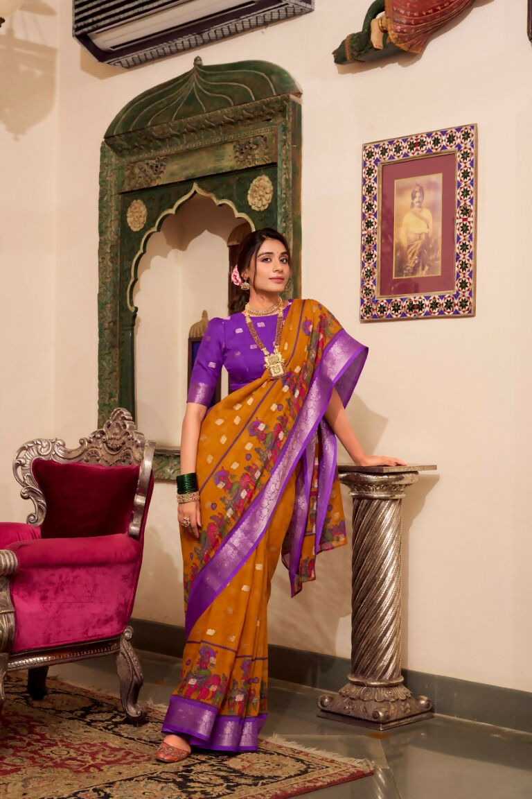 Vastranavya Mustard Poly Cotton Kalamkari Printed Saree with Unstitched Blouse | Grocsy