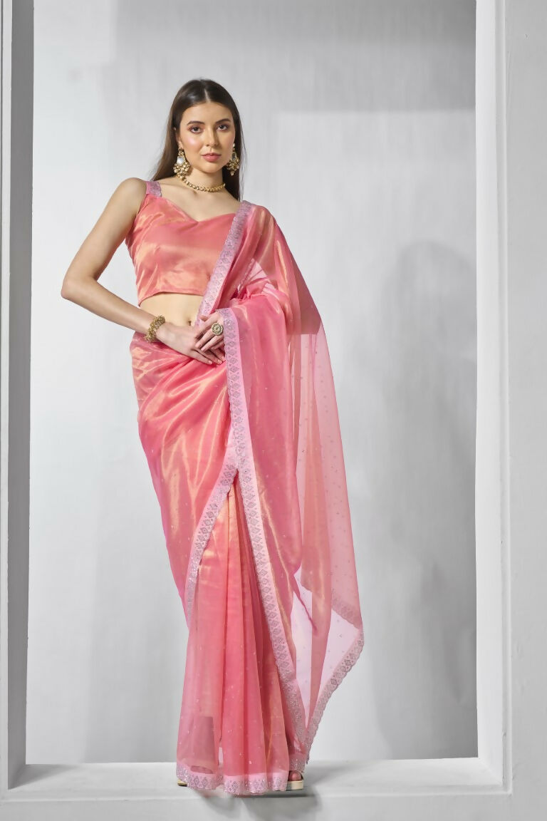 Pink Gold Tissue Net Solid & Gold Cotted Saree - Samaa | Grocsy
