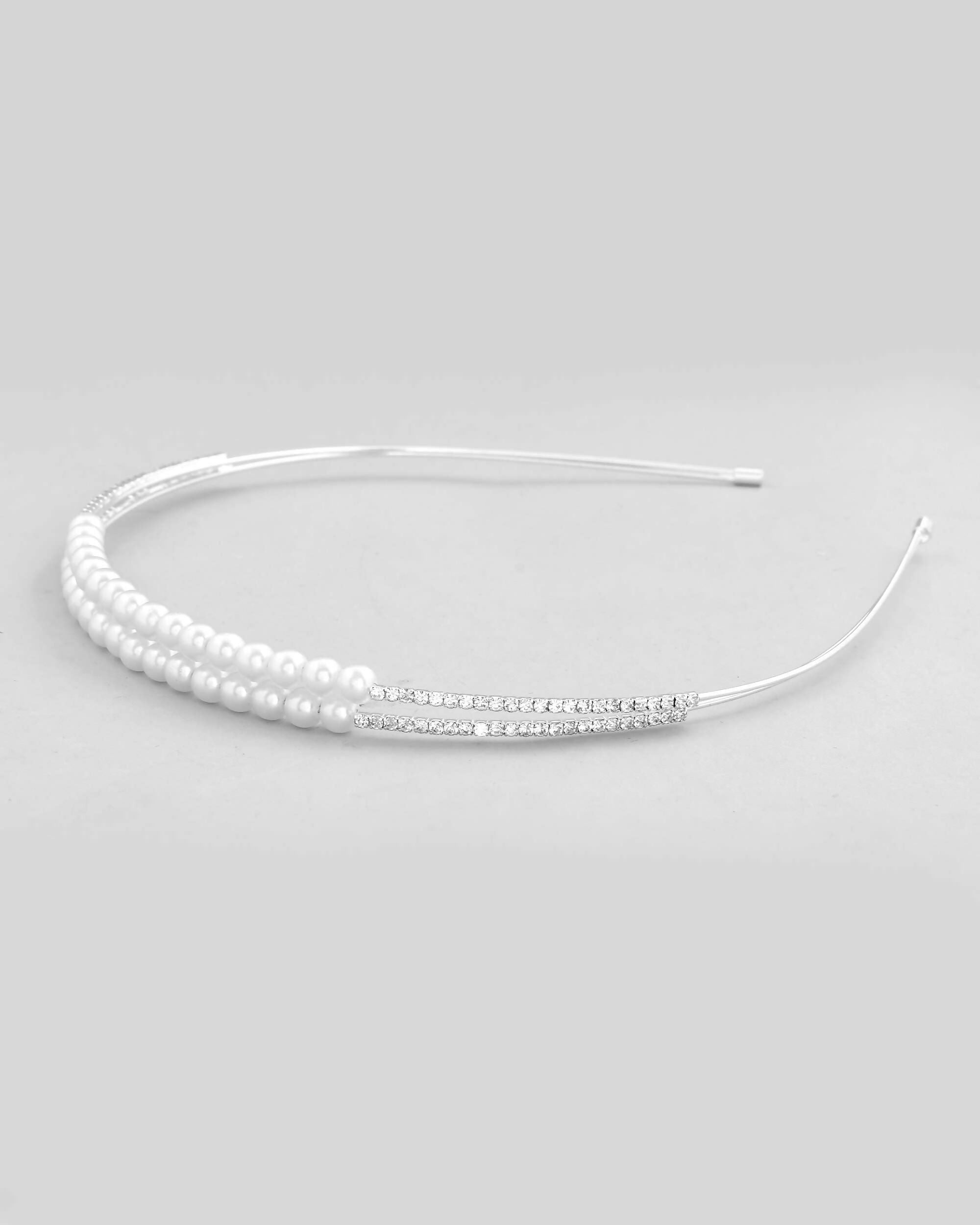VOJ Silver Plated Pearl Studded Double Layer Hairband | Grocsy