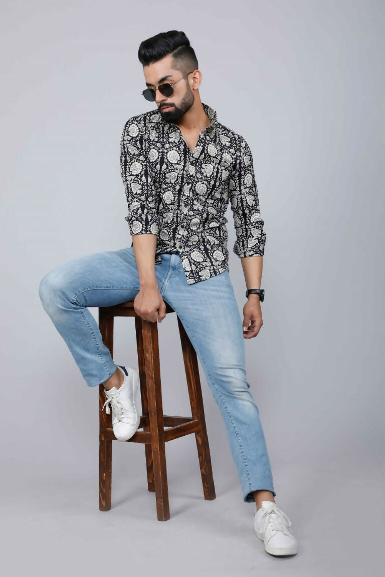 Miravan Men's Black Comfort Floral Printed Cotton Casual Shirt | Grocsy