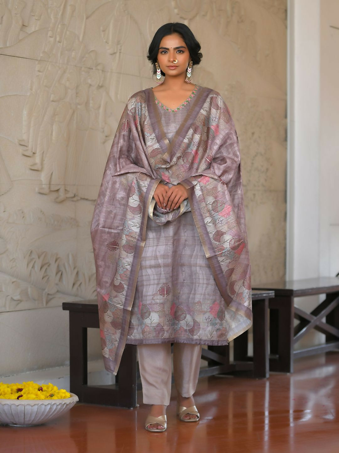 Vaasva Women's Ash Grey Silk Digital Printed Suit Set | Grocsy