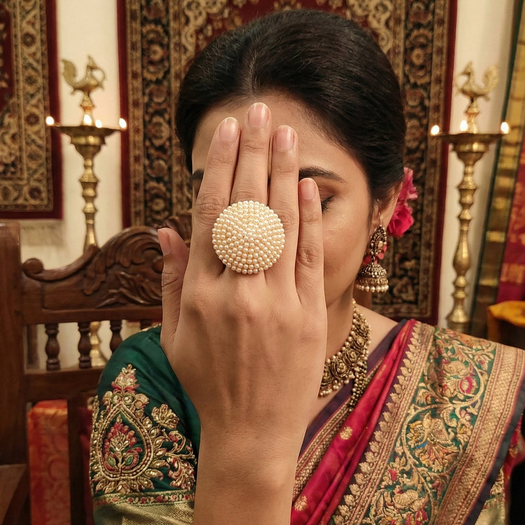 JS Fashion High Gold Polish Fancy Design Clustered Pearl Designer Antique Finger Ring for Women | Adjustable Ethnic Statement Jewellery for Wedding, Party & Festive | Vintage Pearl Gift | Grocsy