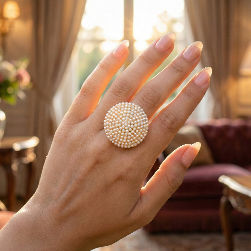 JS Fashion High Gold Polish Fancy Design Clustered Pearl Designer Antique Finger Ring for Women | Adjustable Ethnic Statement Jewellery for Wedding, Party & Festive | Vintage Pearl Gift | Grocsy