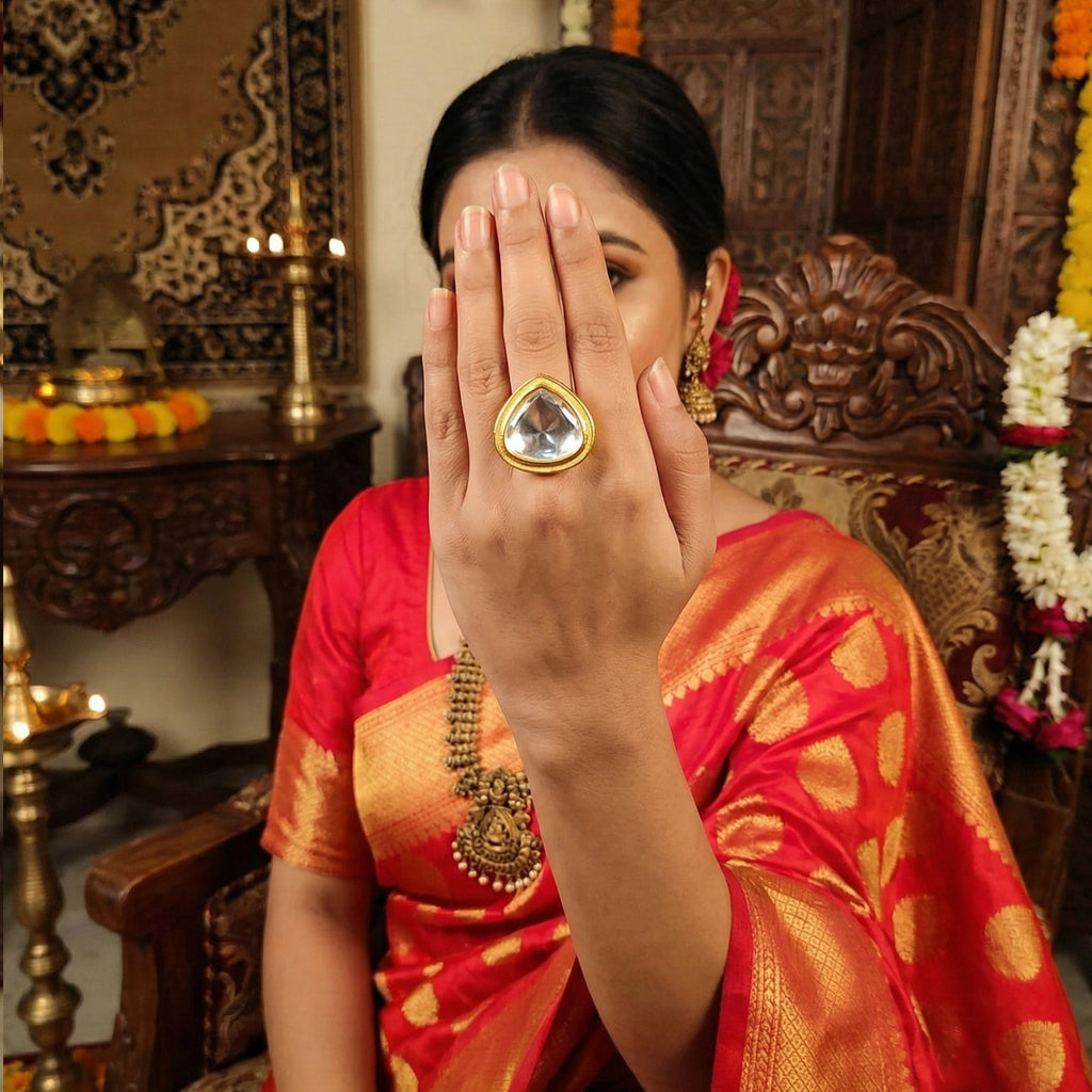 JS Fashion Kundan High Gold Polish Full Stone Designer Finger Rings for Women | Adjustable Ethnic Bridal Jewellery for Wedding, Party & Festive | Statement Ring Gift Set | Grocsy