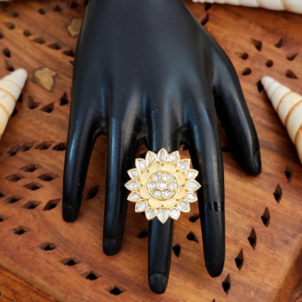 JS Fashion Beautiful Full Stone Kundan High Gold Polish Finger Rings for Women | Adjustable Royal Ethnic Bridal Jewellery for Wedding, Party & Festive | Statement Ring Gift Set | Grocsy