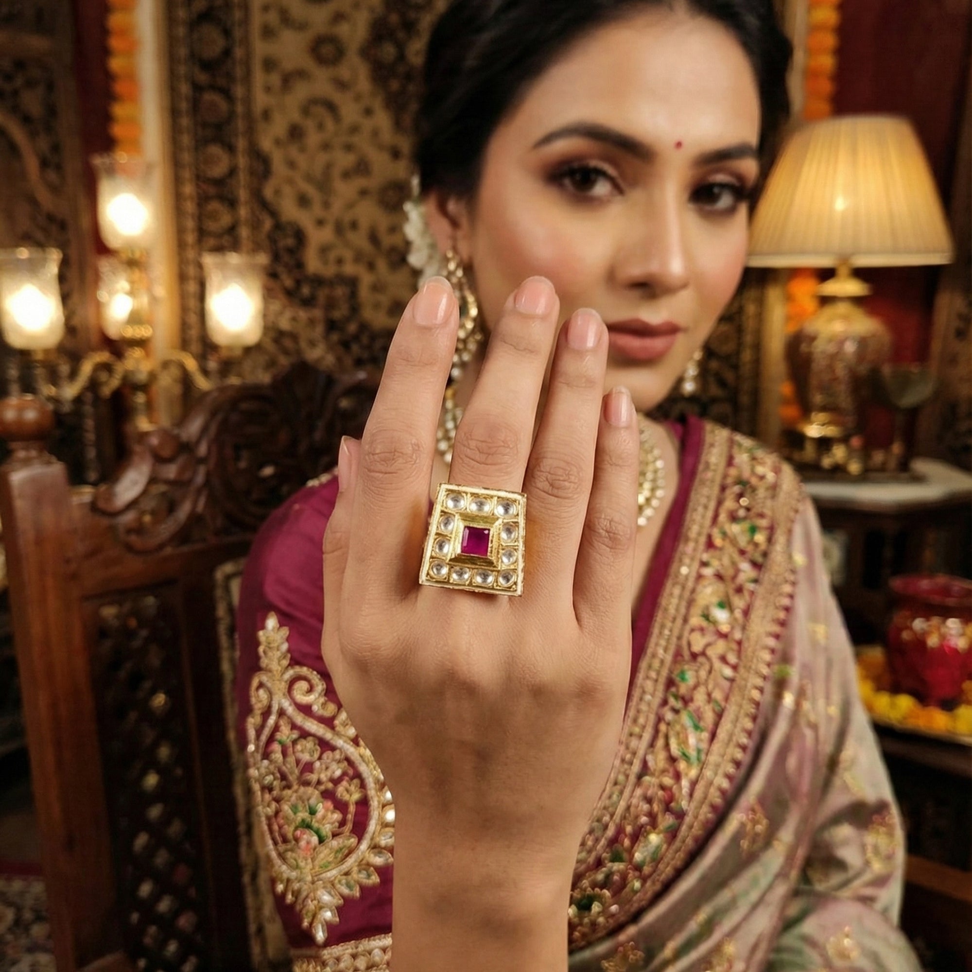 JS Fashion High Gold Square Kundan Adjustable Finger Ring for Women|Royal Square Stone Ring Gift | Grocsy