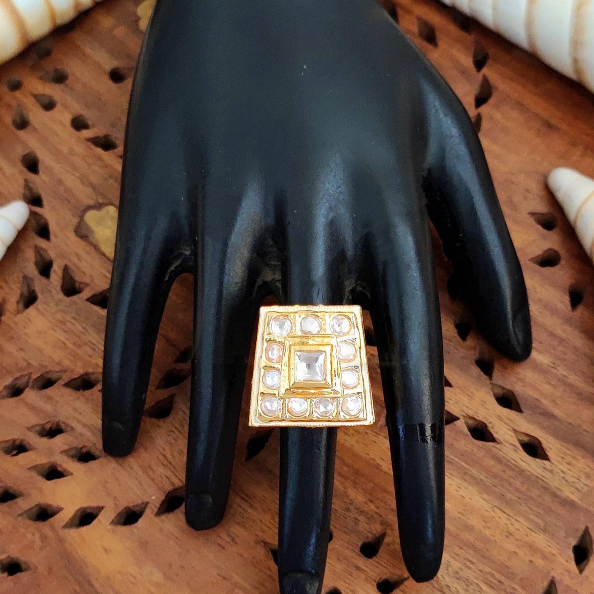JS Fashion High Gold Square Kundan Adjustable Finger Ring for Women|Royal Square Stone Ring Gift | Grocsy