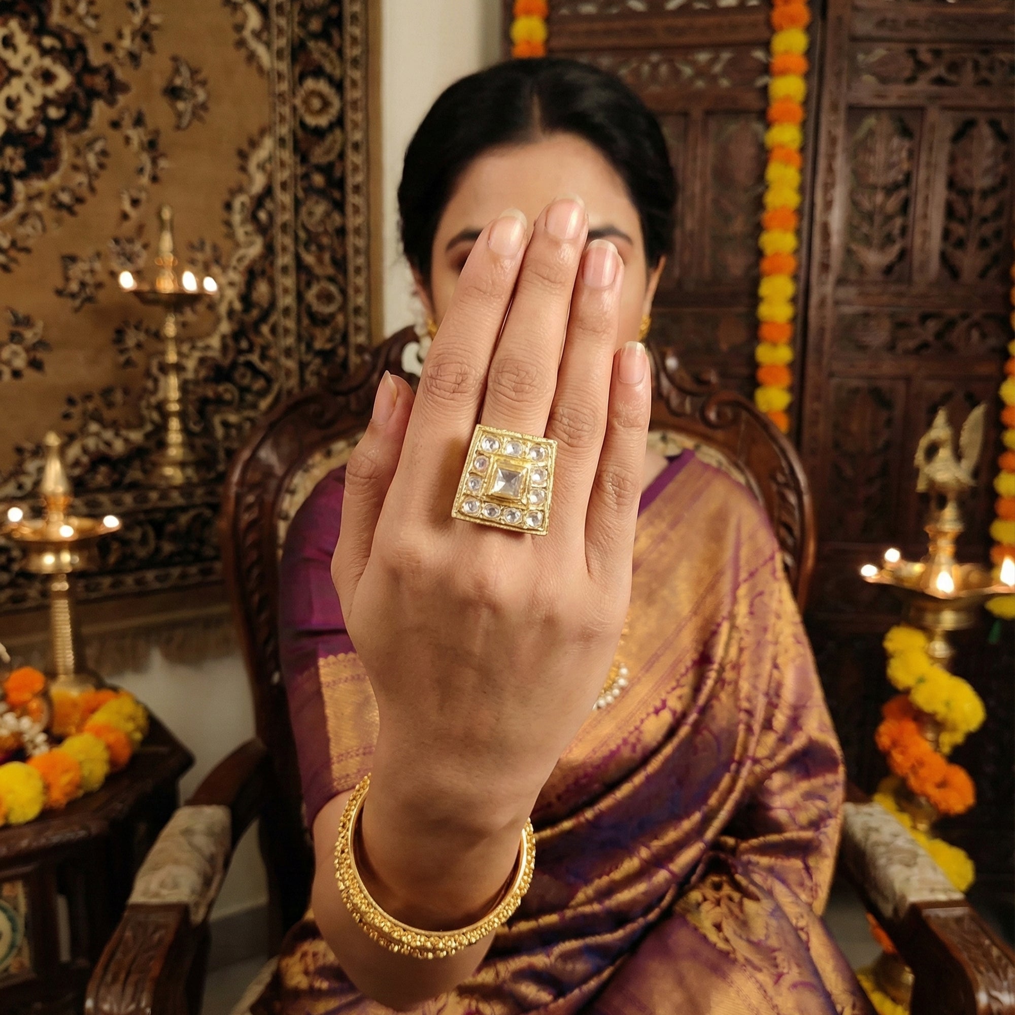 JS Fashion High Gold Square Kundan Adjustable Finger Ring for Women|Royal Square Stone Ring Gift | Grocsy