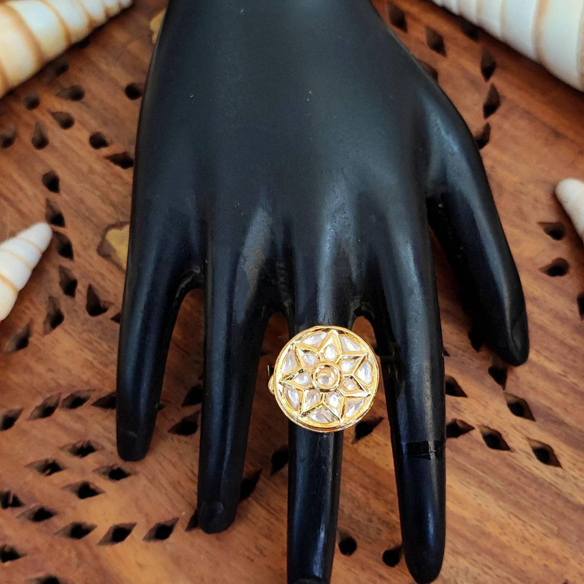 JS Fashion Kundan Design High Gold Polish Round Shape Adjustable Finger Ring for Women|Royal Round Stone Gift | Grocsy