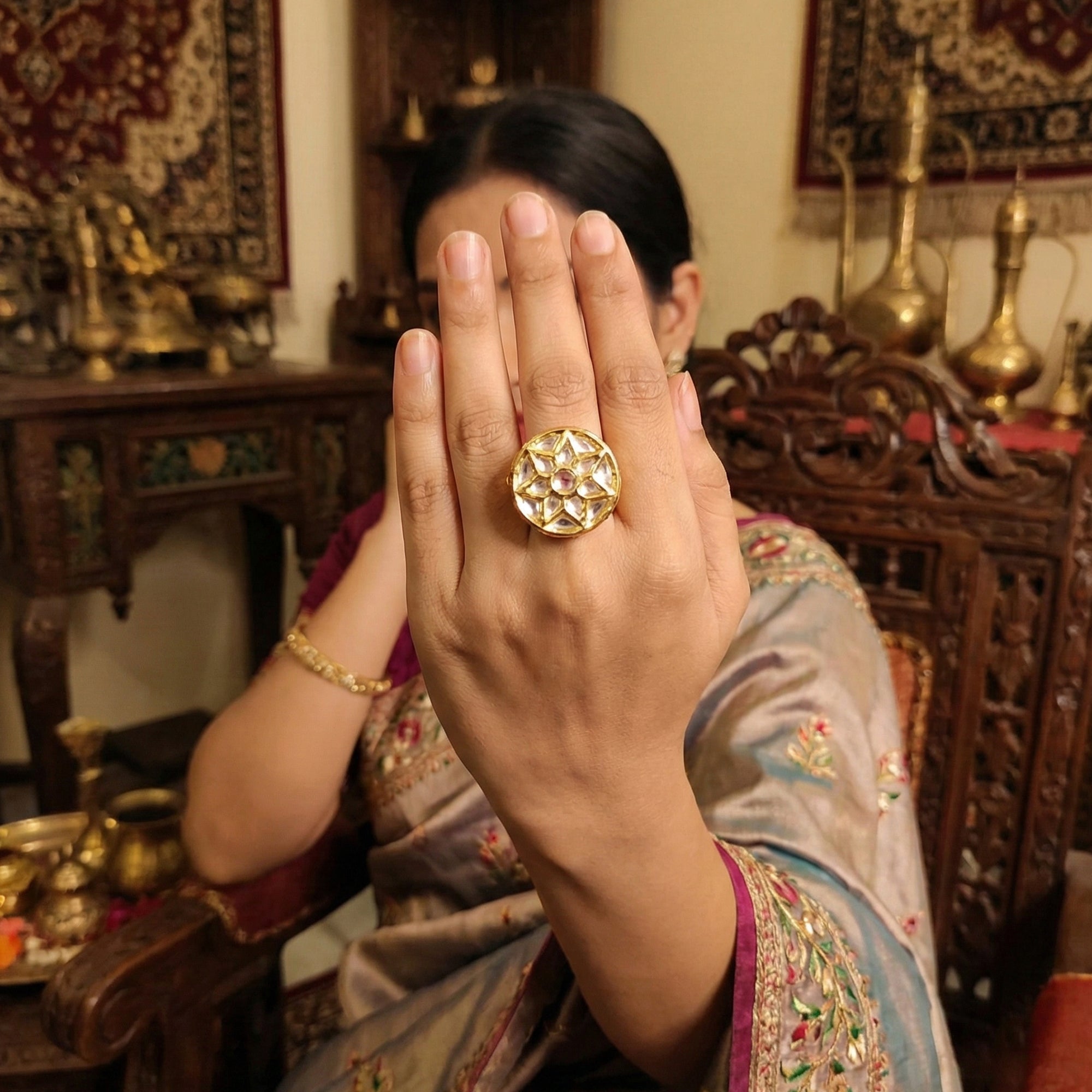 JS Fashion Kundan Design High Gold Polish Round Shape Adjustable Finger Ring for Women|Royal Round Stone Gift | Grocsy