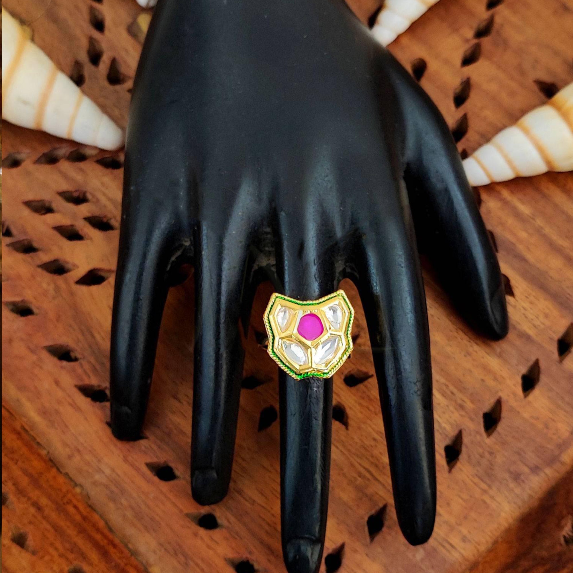 JS Fashion Traditional Kundan Finger Ring with Multi Center Stone High Adjustable Gold Finish for Women|Royal Statement Gift | Grocsy