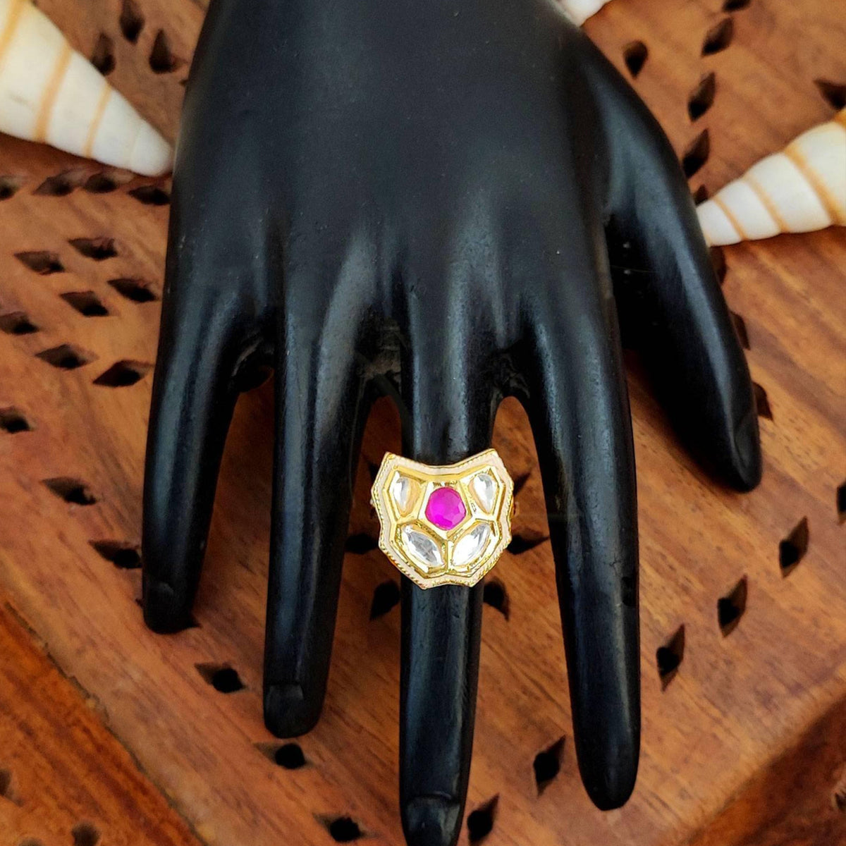 JS Fashion Traditional Kundan Finger Ring with Multi Center Stone High Adjustable Gold Finish for Women|Royal Statement Gift | Grocsy