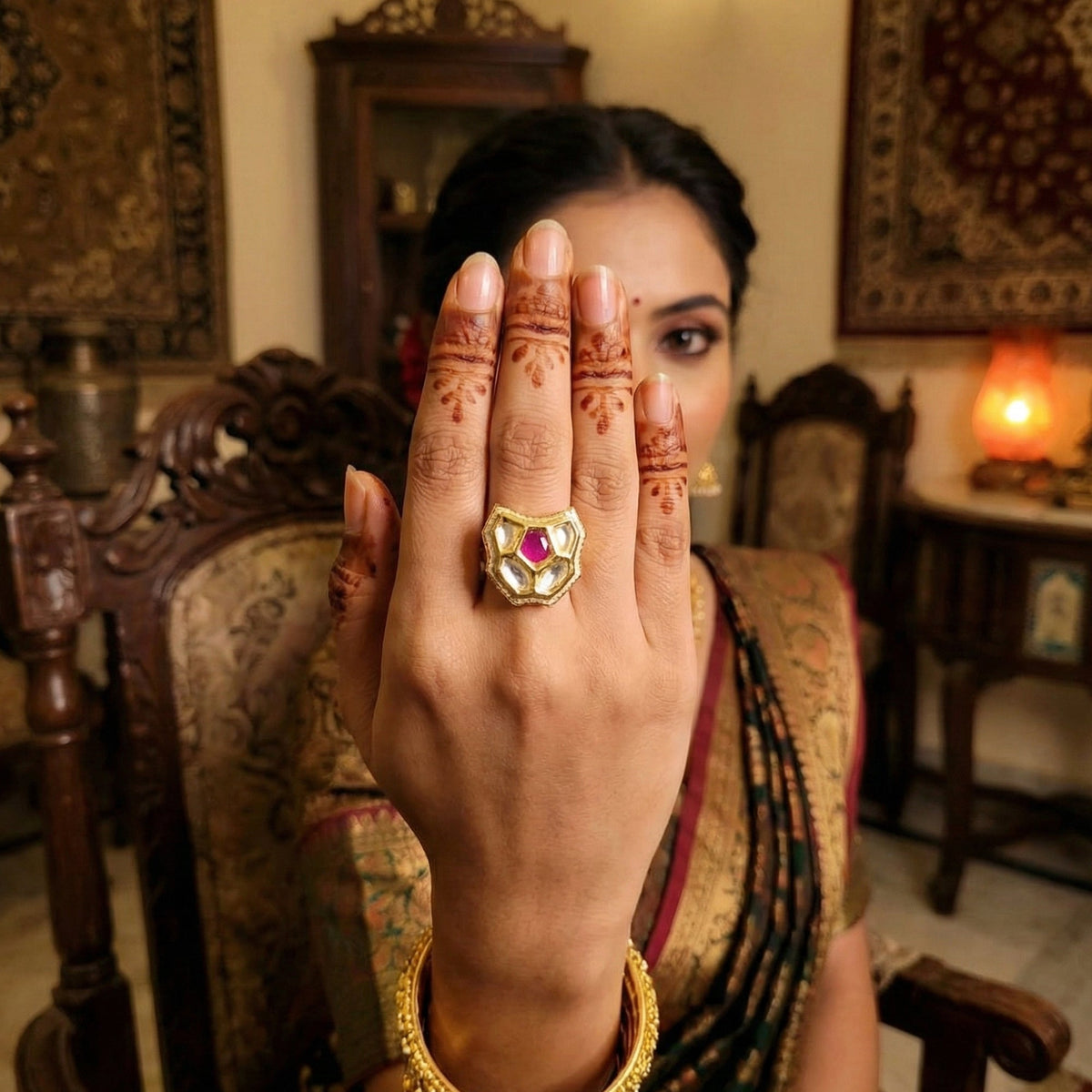 JS Fashion Traditional Kundan Finger Ring with Multi Center Stone High Adjustable Gold Finish for Women|Royal Statement Gift | Grocsy