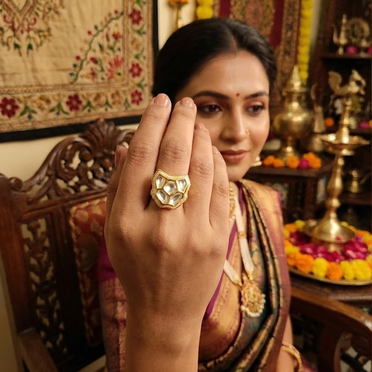JS Fashion Traditional Kundan Finger Ring with Multi Center Stone High Adjustable Gold Finish for Women|Royal Statement Gift | Grocsy