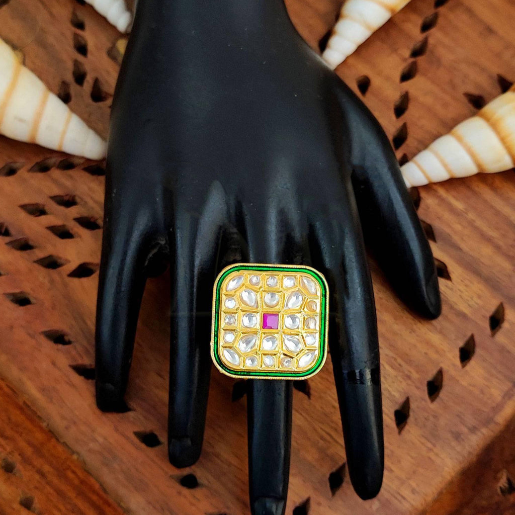 JS Fashion Square Kundan Adjustable Finger Ring High Gold Finish with Multi Stone Center for Women|Royal Square Gift | Grocsy