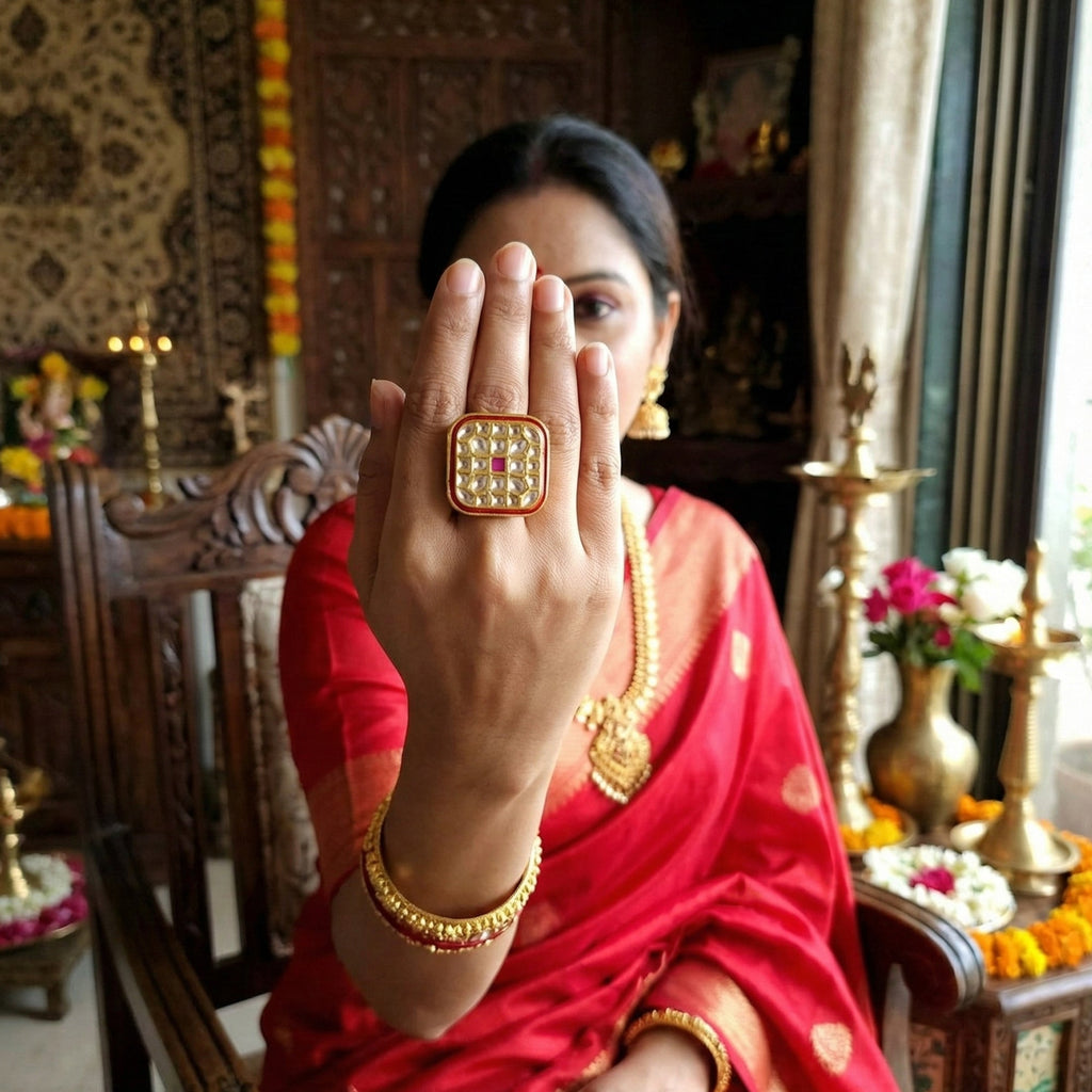 JS Fashion Square Kundan Adjustable Finger Ring High Gold Finish with Multi Stone Center for Women|Royal Square Gift | Grocsy