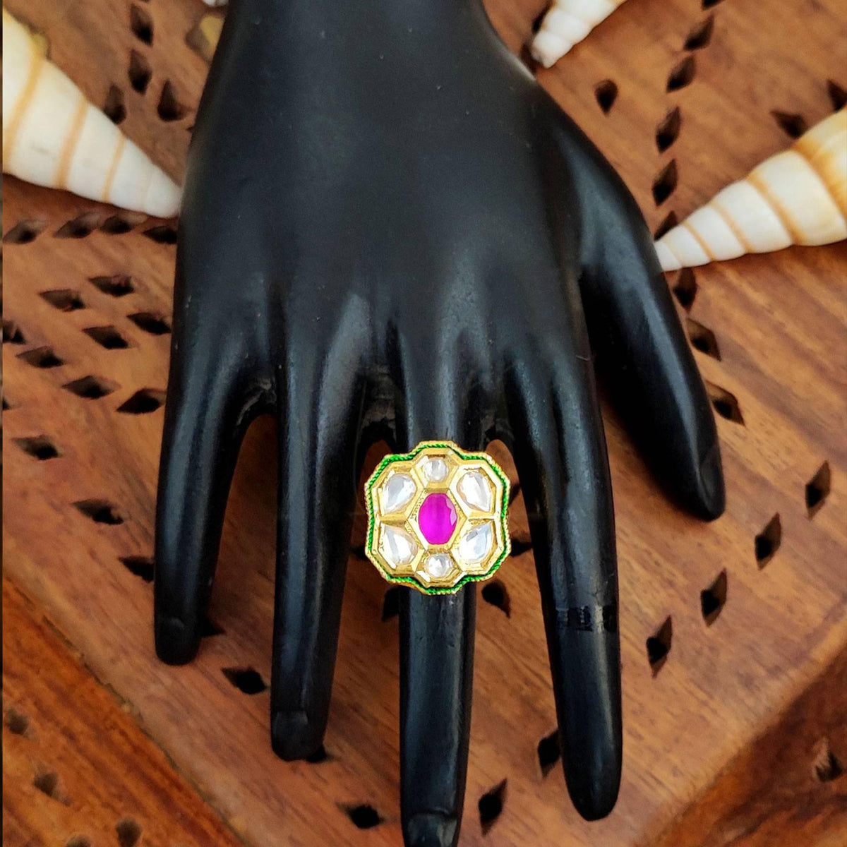 JS Fashion Floral Kundan Adjustable Finger Ring with Multi Center Stone High Gold Finish for Women|Royal Floral Gift | Grocsy