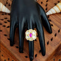 JS Fashion Floral Kundan Adjustable Finger Ring with Multi Center Stone High Gold Finish for Women|Royal Floral Gift | Grocsy