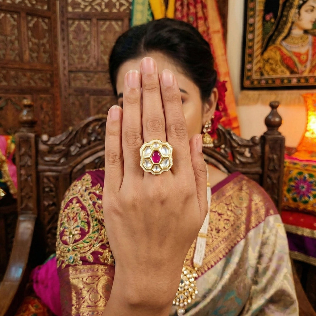 JS Fashion Floral Kundan Adjustable Finger Ring with Multi Center Stone High Gold Finish for Women|Royal Floral Gift | Grocsy