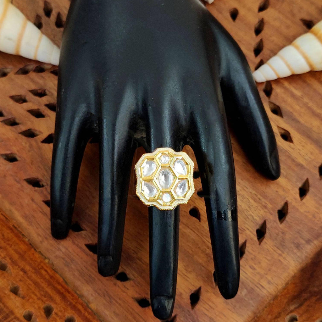 JS Fashion Floral Kundan Adjustable Finger Ring with Multi Center Stone High Gold Finish for Women|Royal Floral Gift | Grocsy
