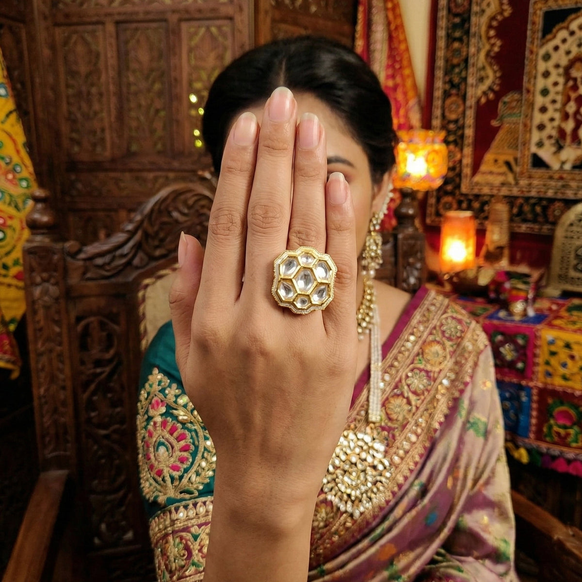 JS Fashion Floral Kundan Adjustable Finger Ring with Multi Center Stone High Gold Finish for Women|Royal Floral Gift | Grocsy