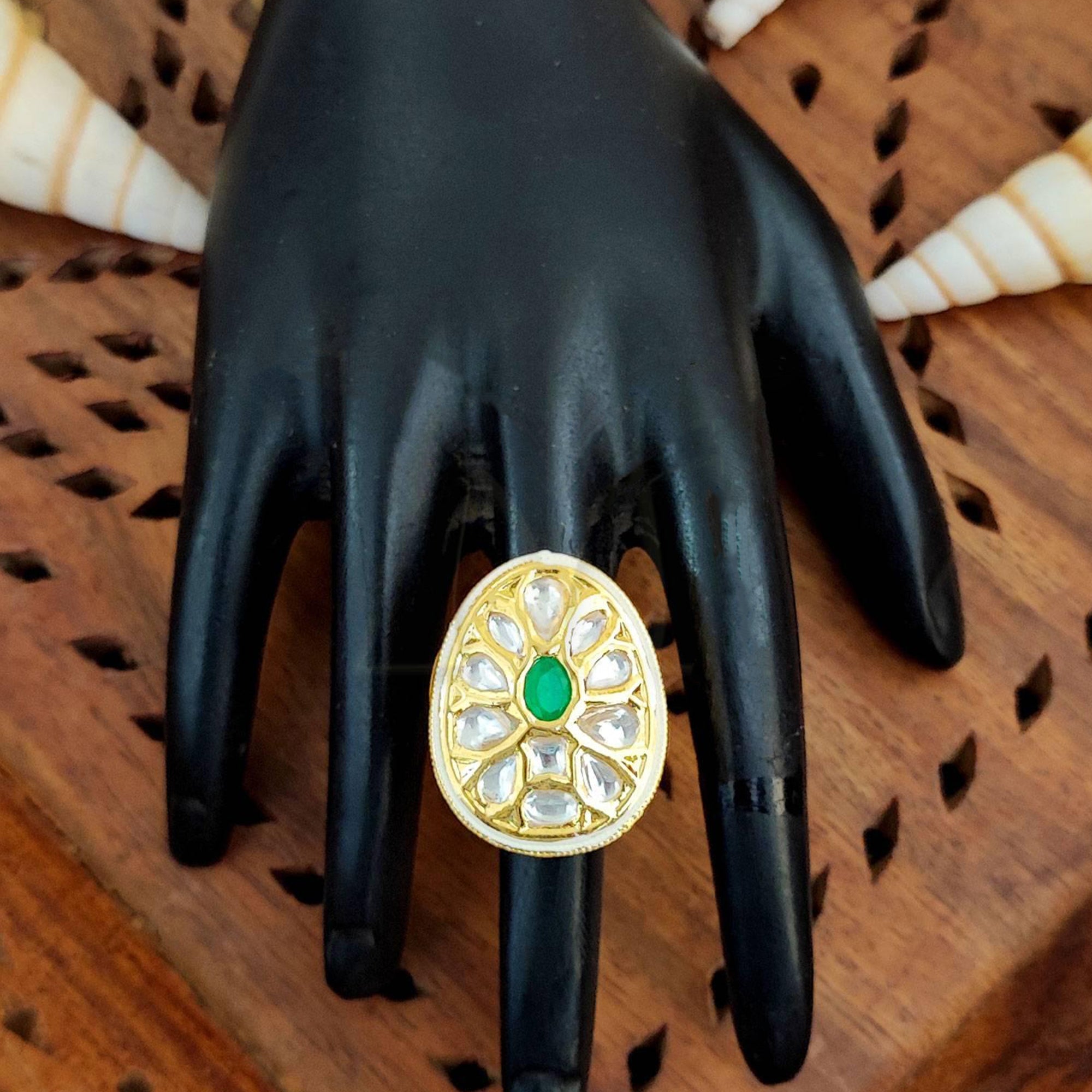 JS Fashion Teardrop Kundan Adjustable Finger Ring with Multi Center Stone High Gold Finish for Women|Elegant Drop Gift | Grocsy