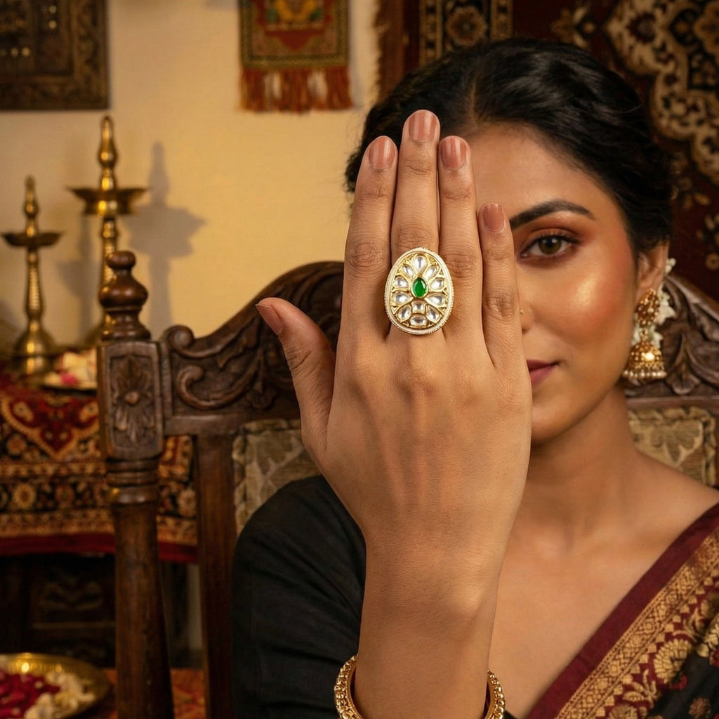 JS Fashion Teardrop Kundan Adjustable Finger Ring with Multi Center Stone High Gold Finish for Women|Elegant Drop Gift | Grocsy