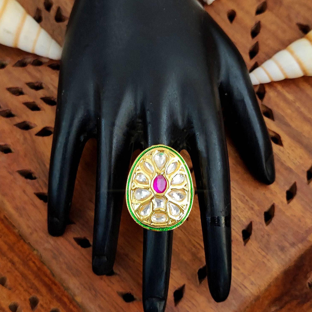 JS Fashion Teardrop Kundan Adjustable Finger Ring with Multi Center Stone High Gold Finish for Women|Elegant Drop Gift | Grocsy