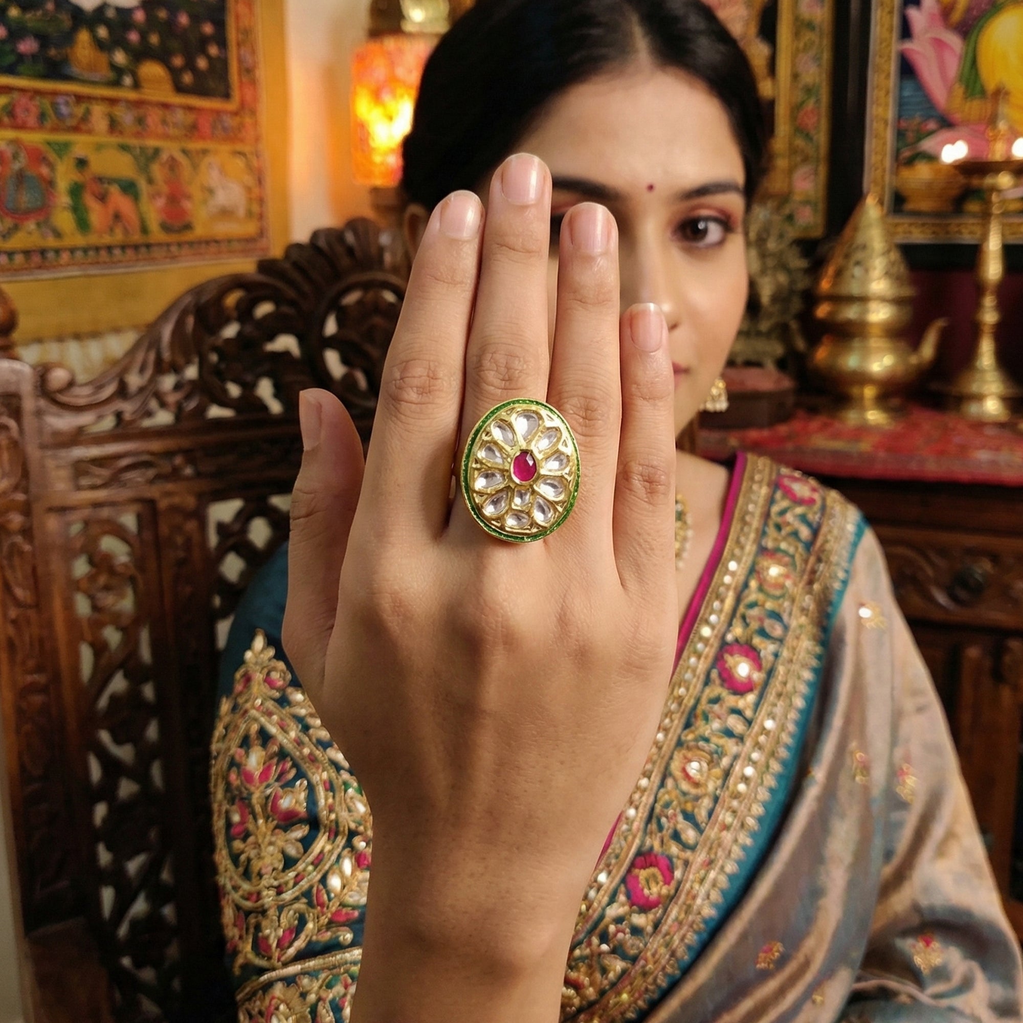 JS Fashion Teardrop Kundan Adjustable Finger Ring with Multi Center Stone High Gold Finish for Women|Elegant Drop Gift | Grocsy