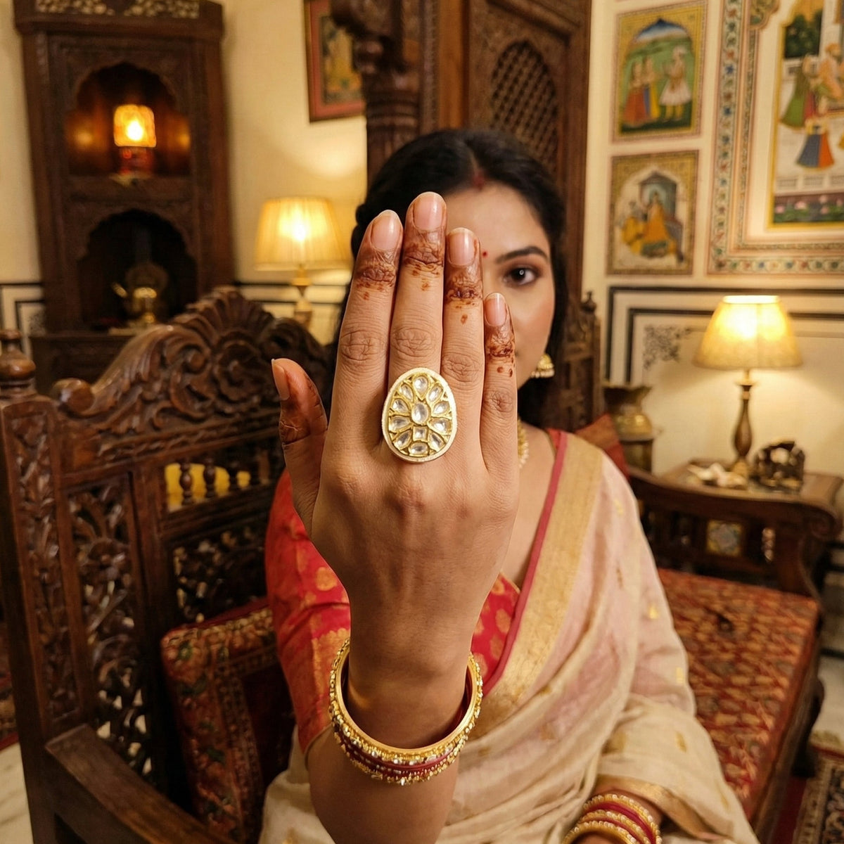 JS Fashion Teardrop Kundan Adjustable Finger Ring with Multi Center Stone High Gold Finish for Women|Elegant Drop Gift | Grocsy