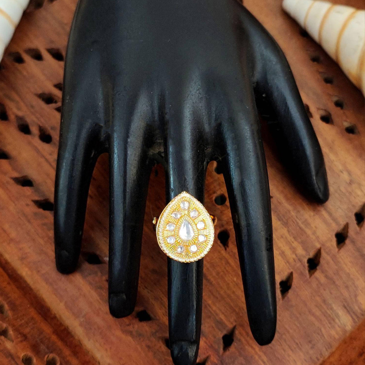 JS Fashion Elegant High Gold Kundan Finger Ring Festive Wear for Women | Adjustable Ethnic Bridal Statement Jewellery for Diwali, Wedding & Party | Sophisticated Royal Gift | Grocsy