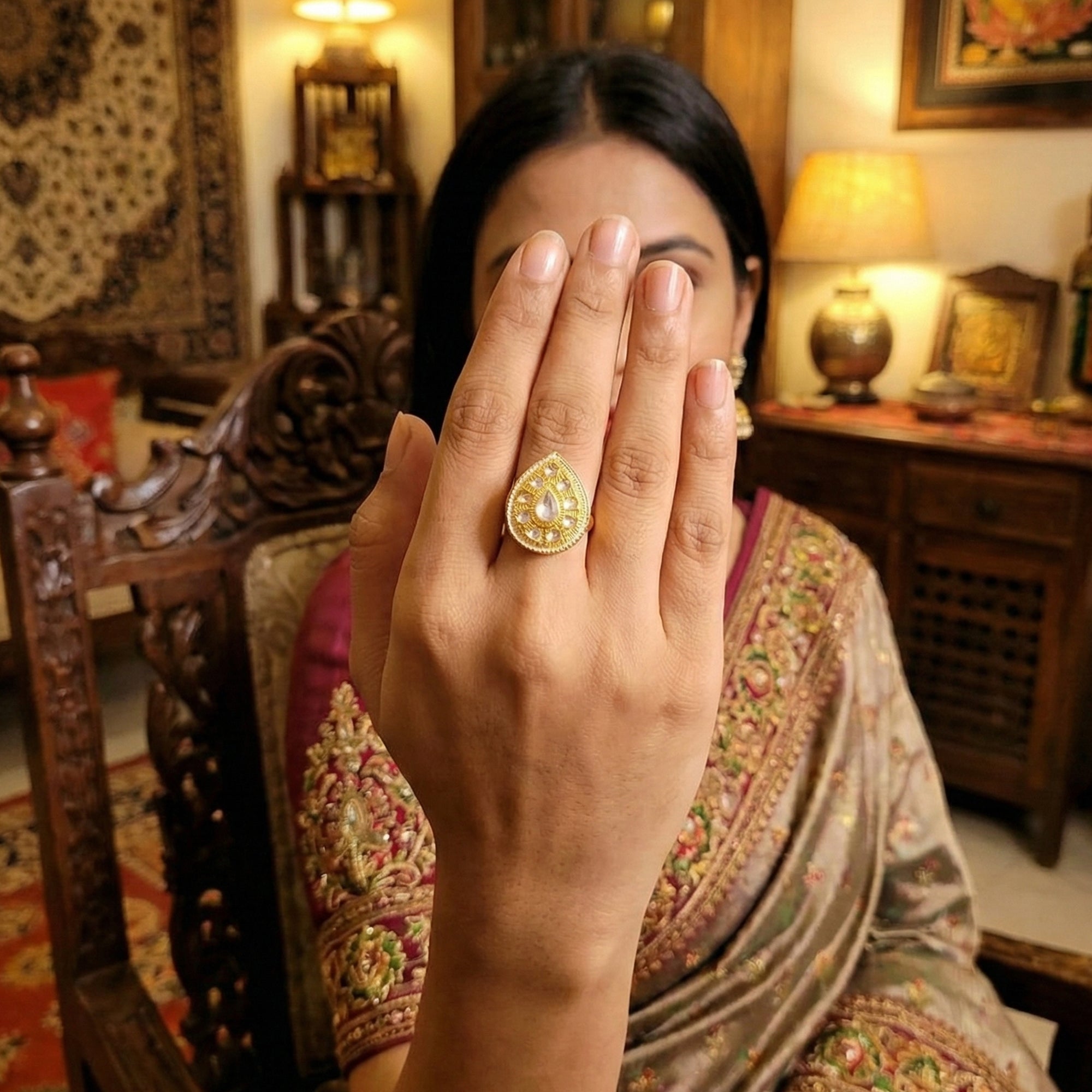 JS Fashion Elegant High Gold Kundan Finger Ring Festive Wear for Women | Adjustable Ethnic Bridal Statement Jewellery for Diwali, Wedding & Party | Sophisticated Royal Gift | Grocsy