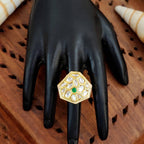 JS Fashion Classic Kundan Finger Ring High Gold Finish Adjustable for Women|Traditional Statement Ring Gift | Grocsy