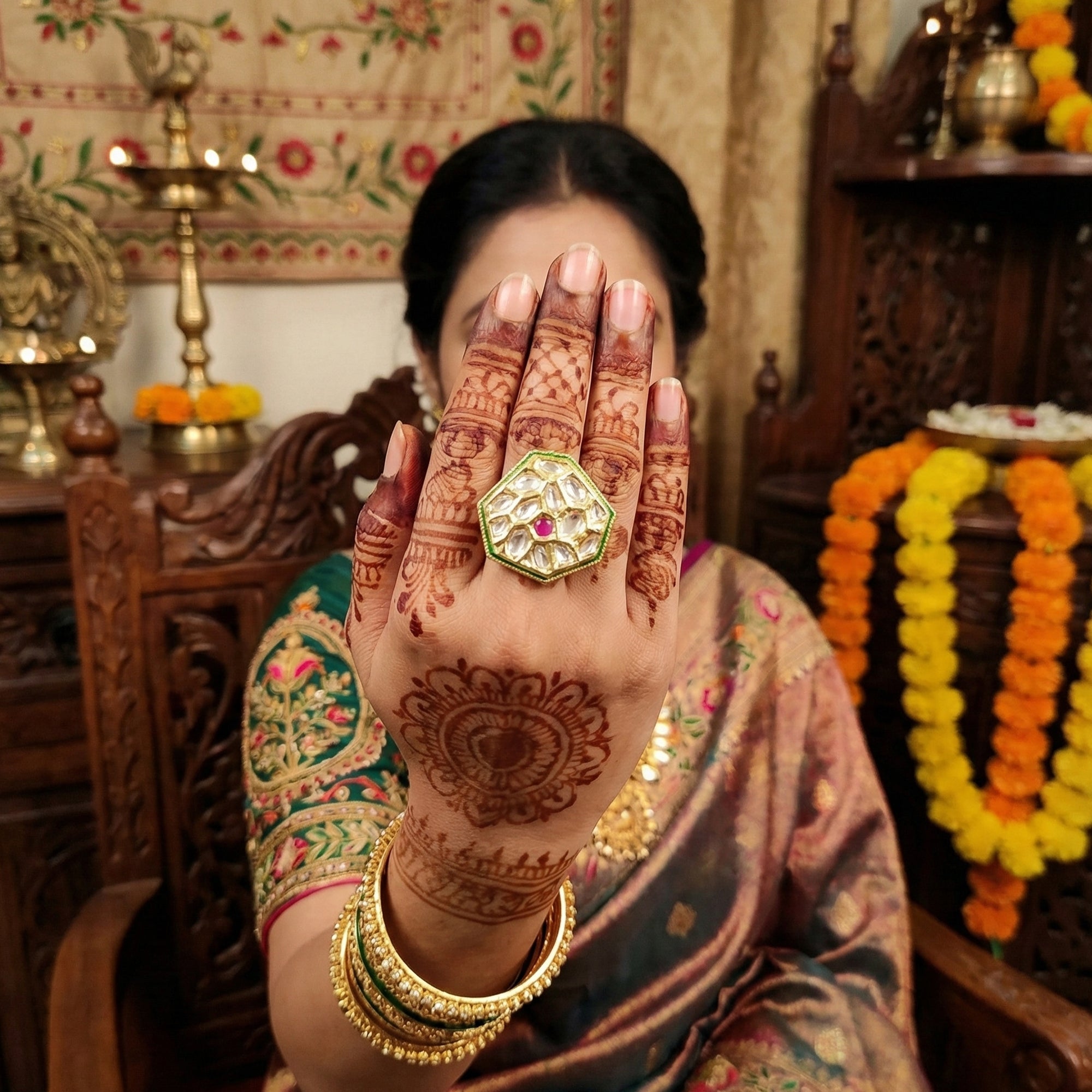 JS Fashion Classic Kundan Finger Ring High Gold Finish Adjustable for Women|Traditional Statement Ring Gift | Grocsy