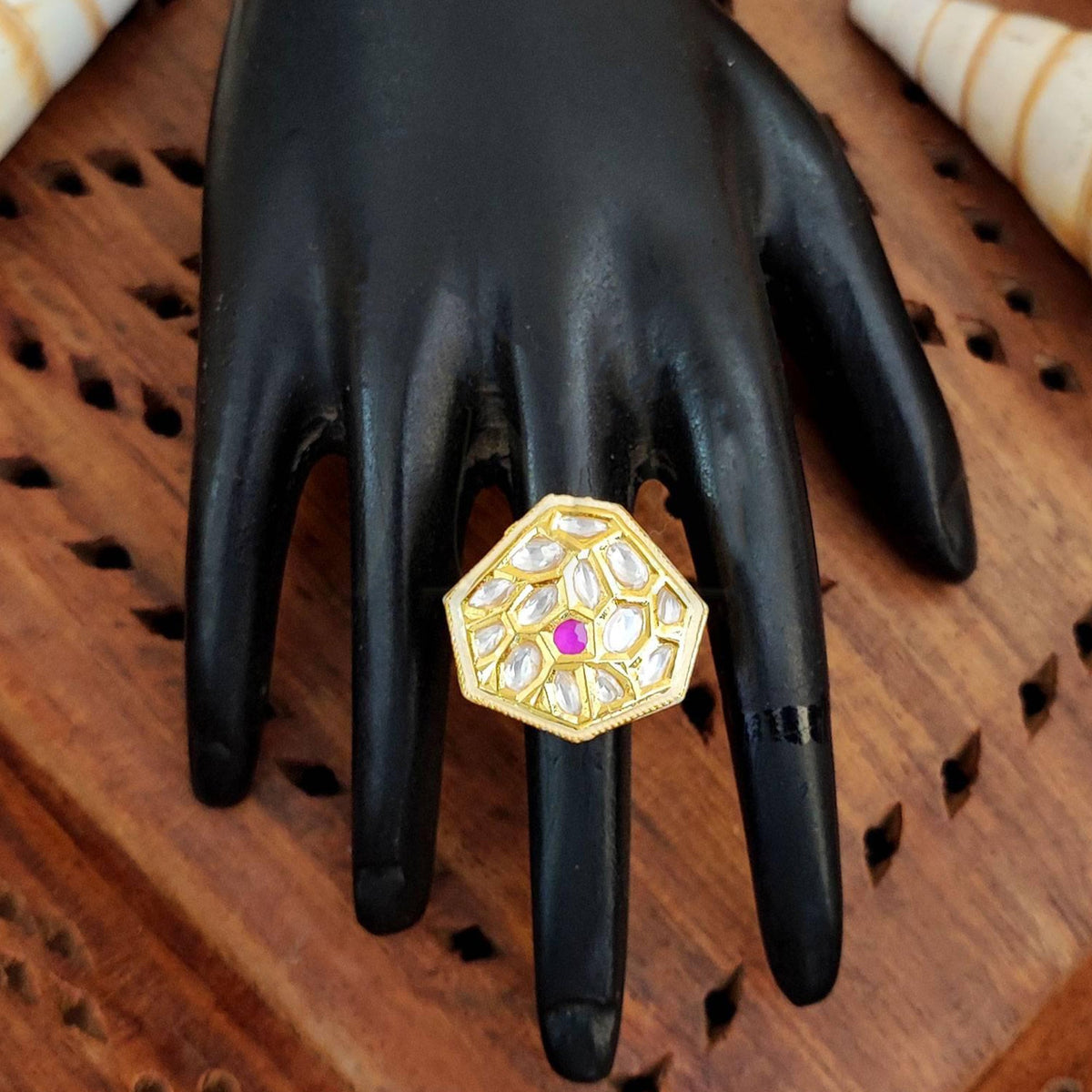 JS Fashion Classic Kundan Finger Ring High Gold Finish Adjustable for Women|Traditional Statement Ring Gift | Grocsy