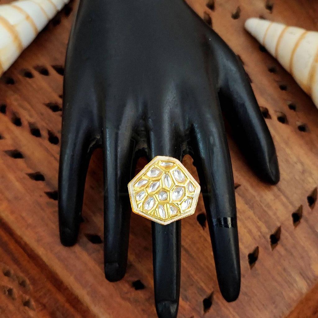 JS Fashion Classic Kundan Finger Ring High Gold Finish Adjustable for Women|Traditional Statement Ring Gift | Grocsy