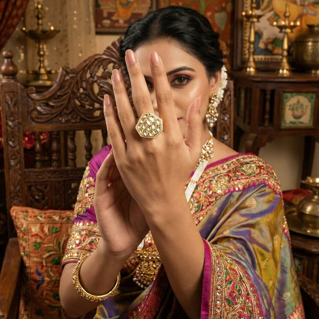 JS Fashion Classic Kundan Finger Ring High Gold Finish Adjustable for Women|Traditional Statement Ring Gift | Grocsy