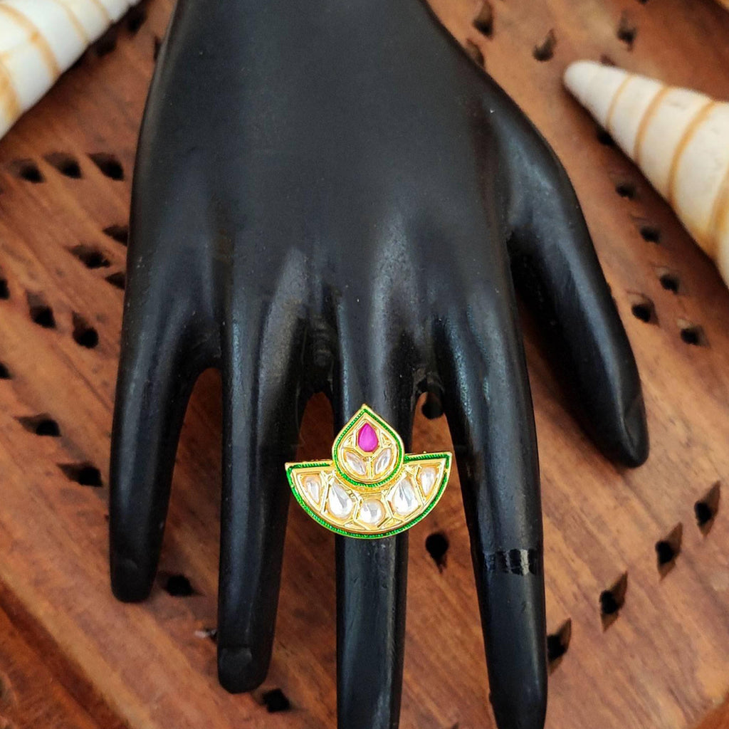 JS Fashion Kundan Design High Gold Polish Fancy Adjustable Finger Ring for Women|Royal Fancy Ring Gift Set | Grocsy