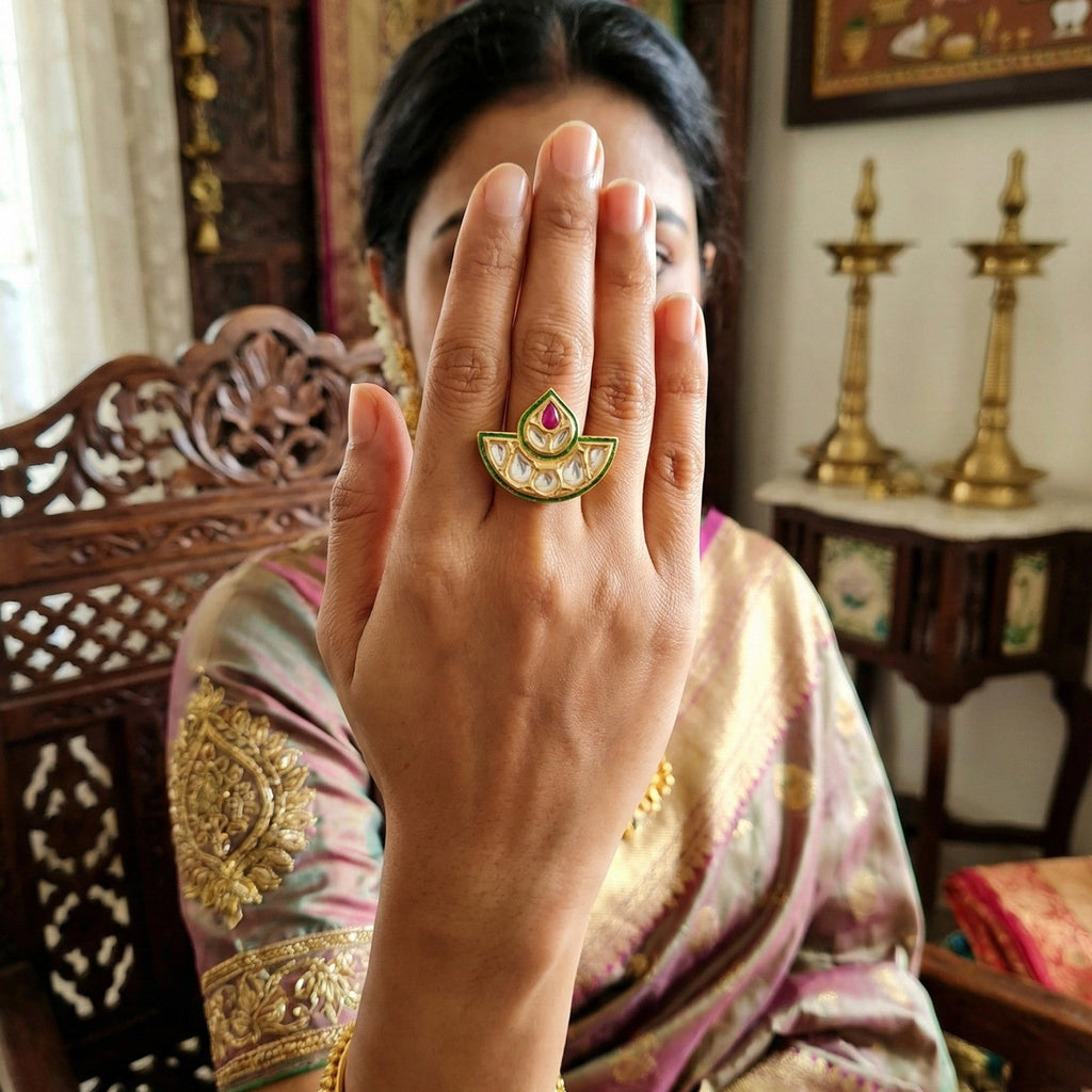 JS Fashion Kundan Design High Gold Polish Fancy Adjustable Finger Ring for Women|Royal Fancy Ring Gift Set | Grocsy