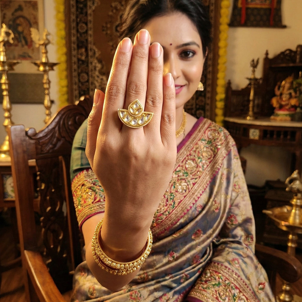 JS Fashion Kundan Design High Gold Polish Fancy Adjustable Finger Ring for Women|Royal Fancy Ring Gift Set | Grocsy