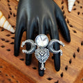 JS Fashion Antique Oxidized Silver Finger Ring with Drop Charm for Women | Adjustable Bohemian Ethnic Statement Jewellery for Party, Wedding & Festive | Vintage Dangler Ring Gift | Grocsy