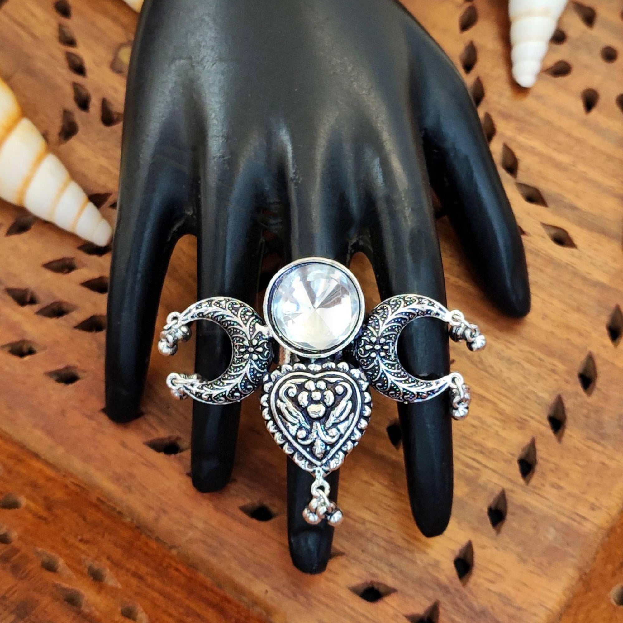 JS Fashion Antique Oxidized Silver Finger Ring with Drop Charm for Women | Adjustable Bohemian Ethnic Statement Jewellery for Party, Wedding & Festive | Vintage Dangler Ring Gift | Grocsy