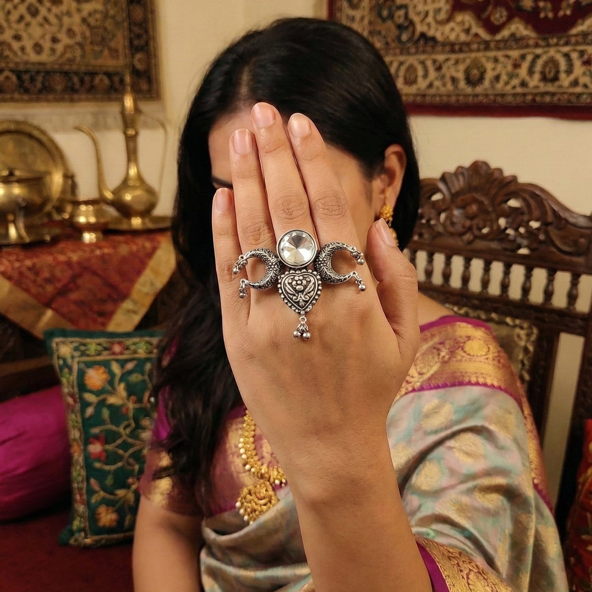 JS Fashion Antique Oxidized Silver Finger Ring with Drop Charm for Women | Adjustable Bohemian Ethnic Statement Jewellery for Party, Wedding & Festive | Vintage Dangler Ring Gift | Grocsy
