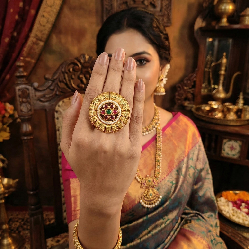 JS Fashion Antique Design High Gold Polish Finger Rings for Women | Adjustable Ethnic Statement Jewellery for Wedding, Party & Festive | Vintage Royal Ring Gift Set | Grocsy