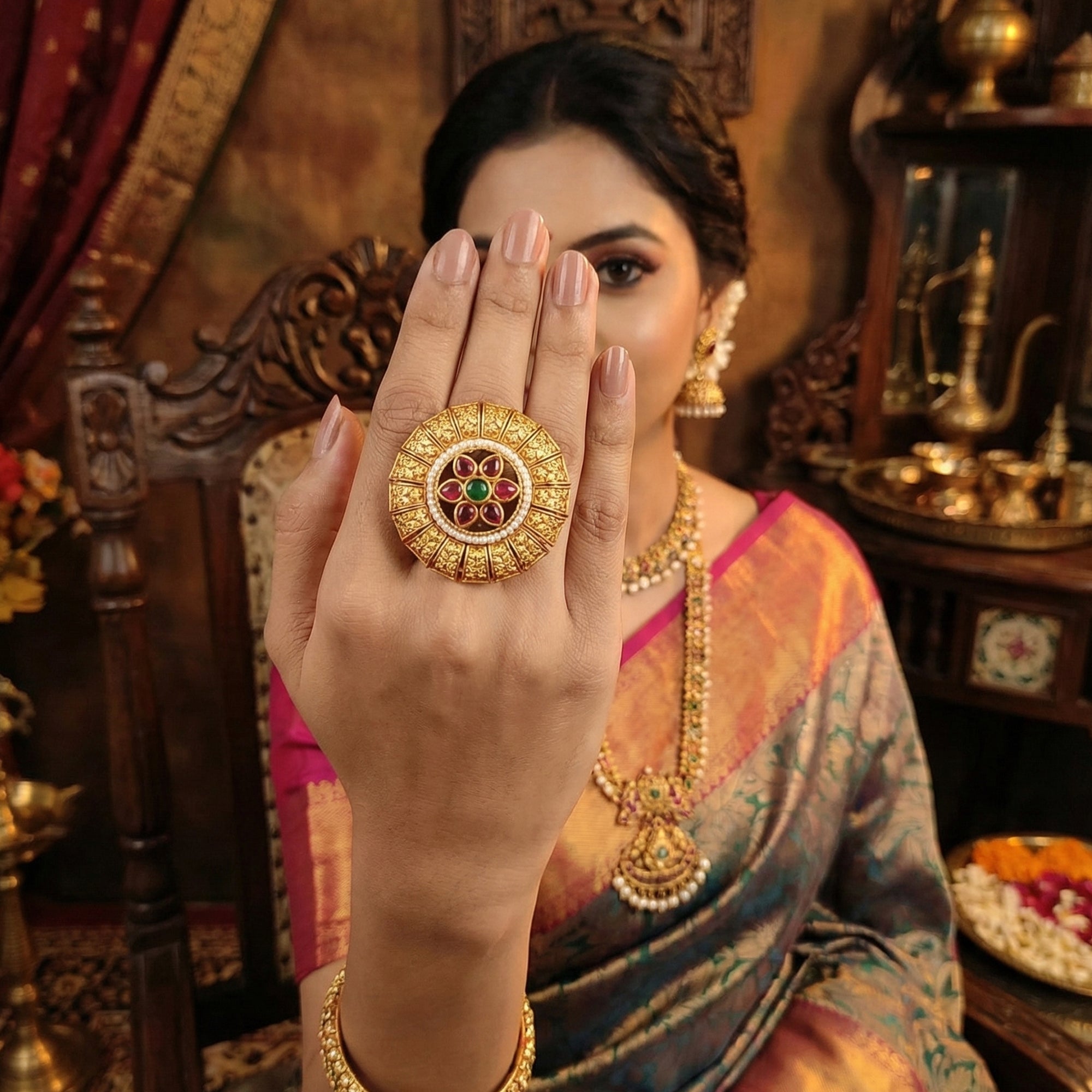 JS Fashion Antique Design High Gold Polish Finger Rings for Women | Adjustable Ethnic Statement Jewellery for Wedding, Party & Festive | Vintage Royal Ring Gift Set | Grocsy