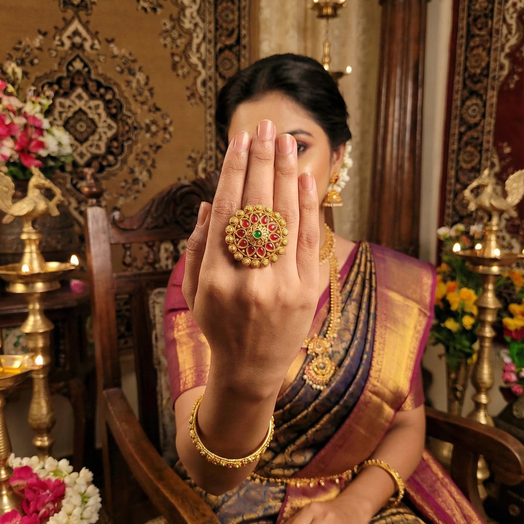 JS Fashion Antique Designer High Gold Polish Finger Rings for Women | Adjustable Ethnic Statement Jewellery for Wedding, Party & Festive | Vintage Royal Designer Gift Set | Grocsy
