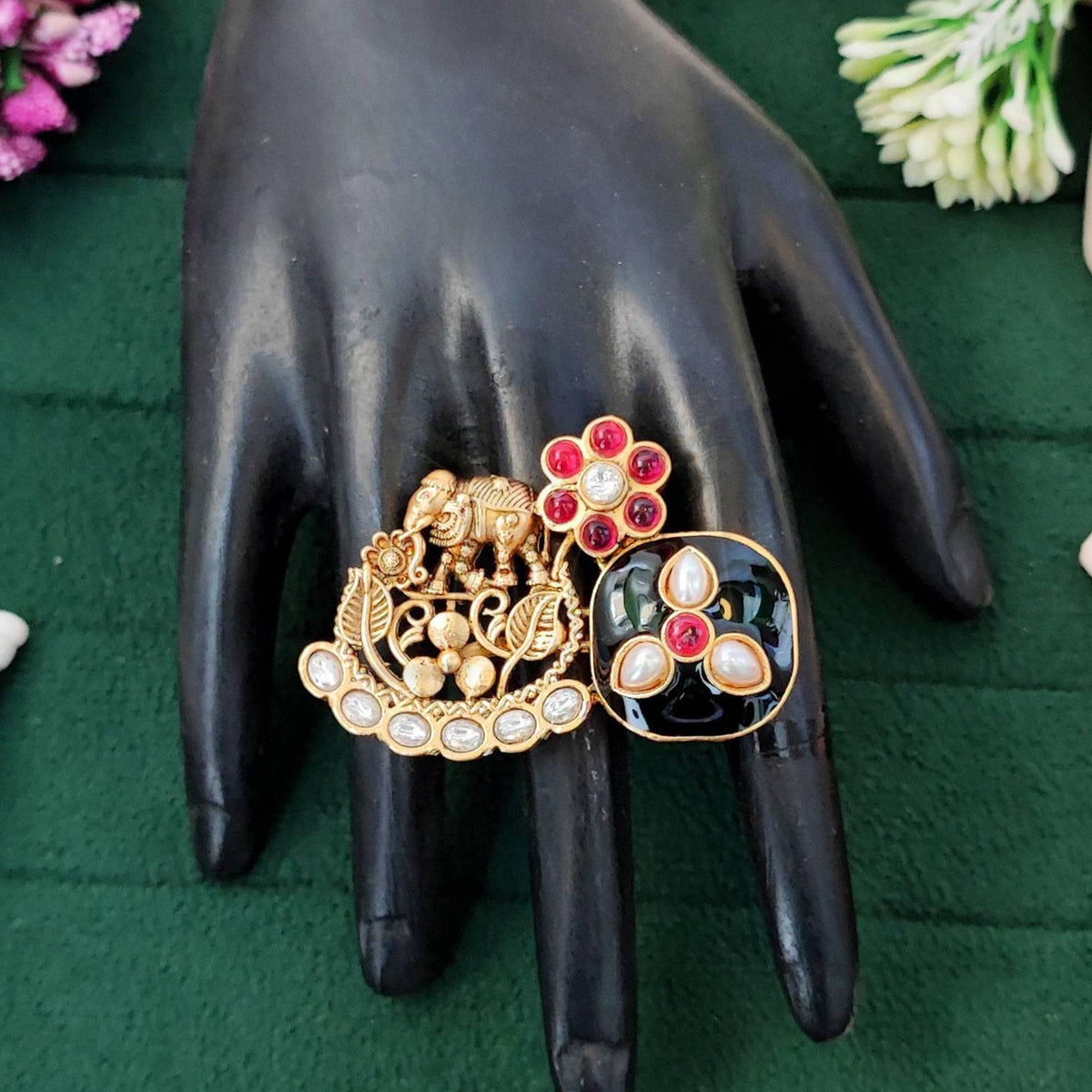 JS Fashion Beautiful High Gold Polish Finger Rings for Women | Adjustable Ethnic Statement Jewellery for Wedding, Party & Festive | Glamorous Designer Ring Gift Set | Grocsy