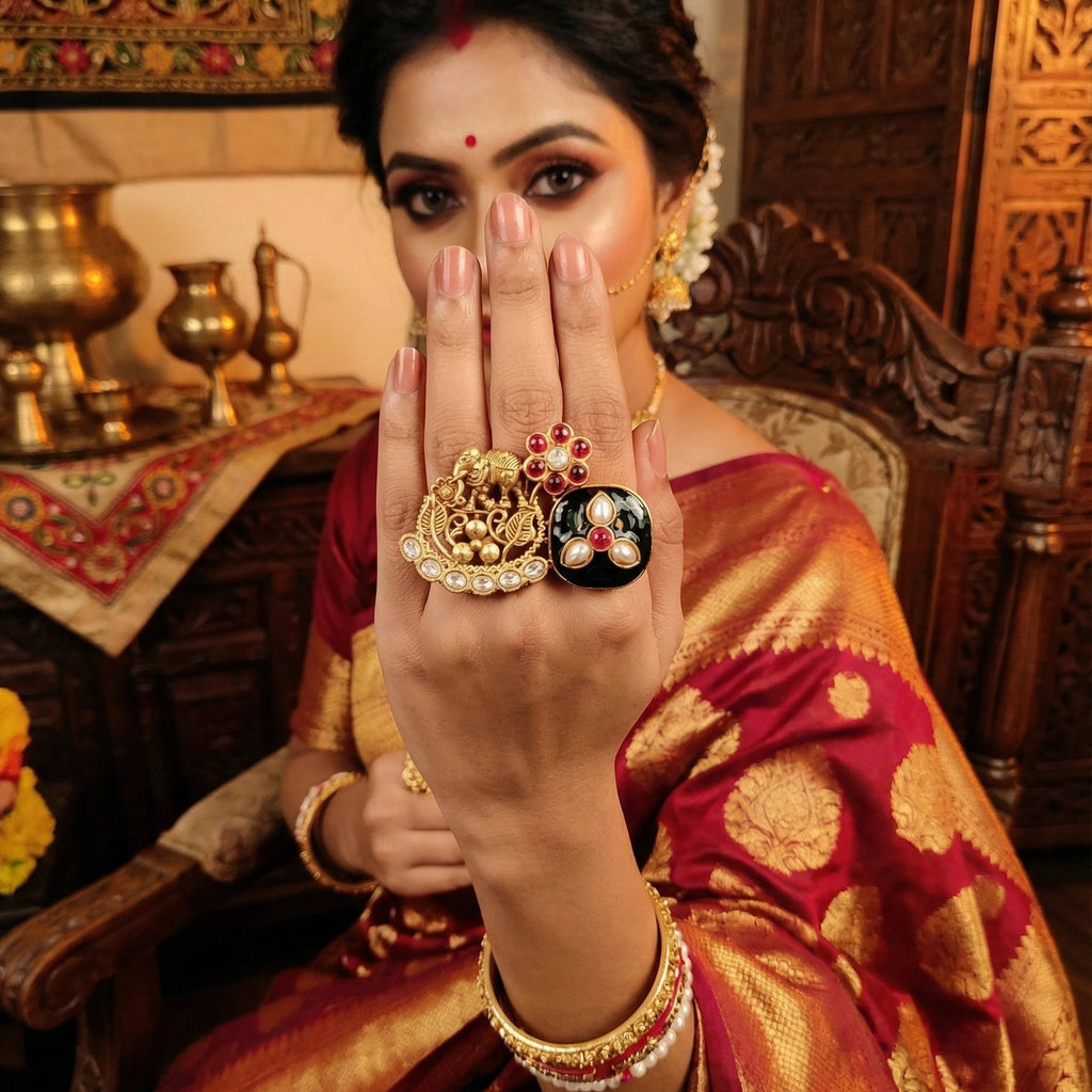 JS Fashion Beautiful High Gold Polish Finger Rings for Women | Adjustable Ethnic Statement Jewellery for Wedding, Party & Festive | Glamorous Designer Ring Gift Set | Grocsy