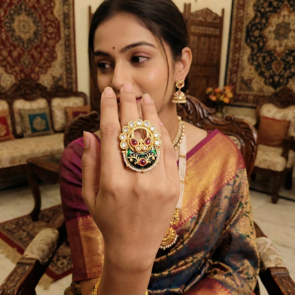 JS Fashion Designer High Gold Full Stone Fancy Finger Rings for Women | Adjustable Ethnic Bridal Statement Jewellery for Wedding, Party & Festive | Royal Full Stone Gift Set | Grocsy